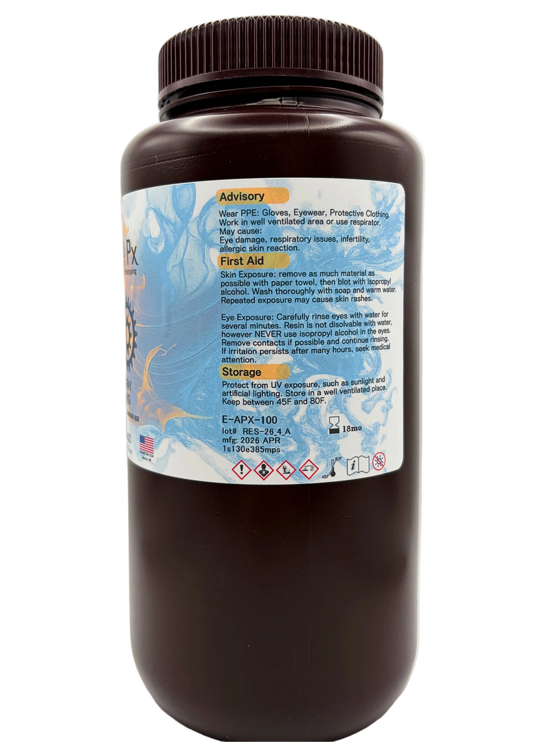 An offset view of Ash Px, our rapid prototyping 3D resin in a dark brown plastic bottle with a ribbed cap, featuring advisory, first aid and storage recommendation.