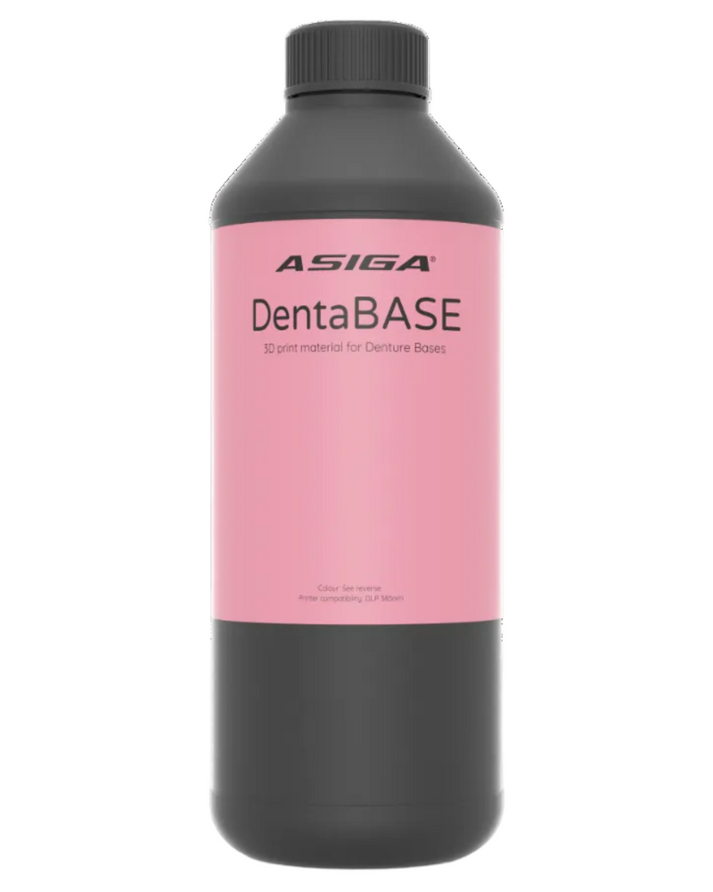 A front view of Asiga DentaBASE in a black bottle with a ribbed cap against a white background, with a label that says 3D printing material for Denture Bases