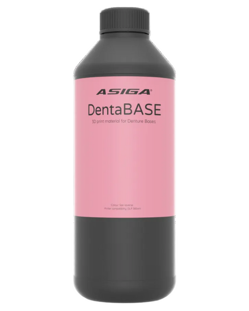 A front view of Asiga DentaBASE in a black bottle with a ribbed cap against a white background, with a label that says 3D printing material for Denture Bases