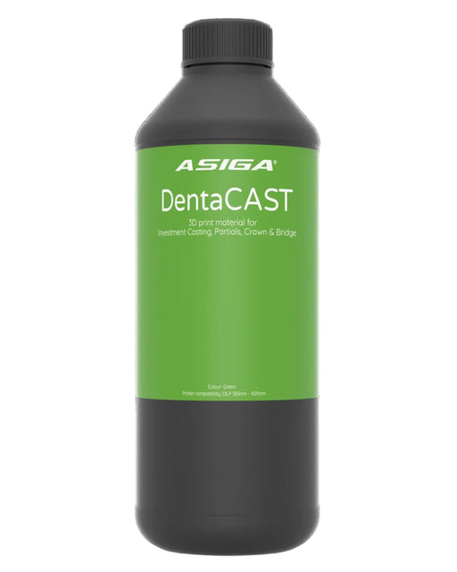 A front view of Asiga DentaCAST in a black bottle with a ribbed cap against a white background, with a label that says 3D printing material for Investment Casting, Partials, Crown & Bridge