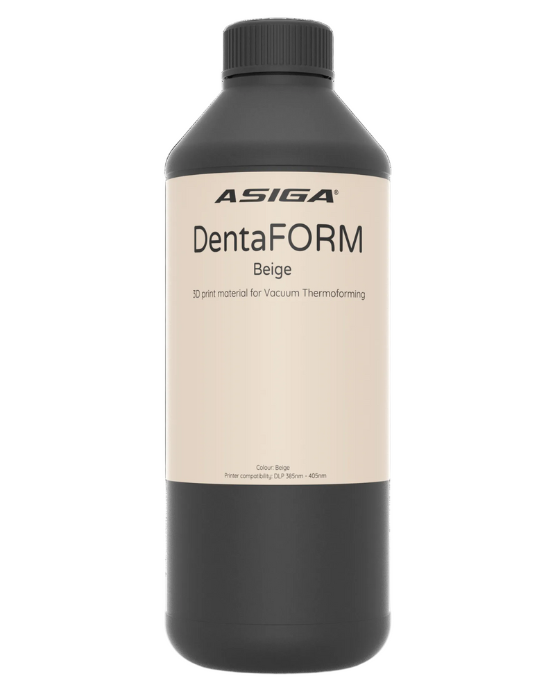A front view of Asiga DentaFORM Beige in a black bottle with a ribbed cap against a white background, with a label that says 3D print material for Vacuum Thermoforming