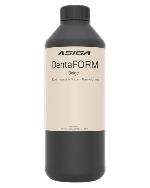 A front view of Asiga DentaFORM Beige in a black bottle with a ribbed cap against a white background, with a label that says 3D print material for Vacuum Thermoforming