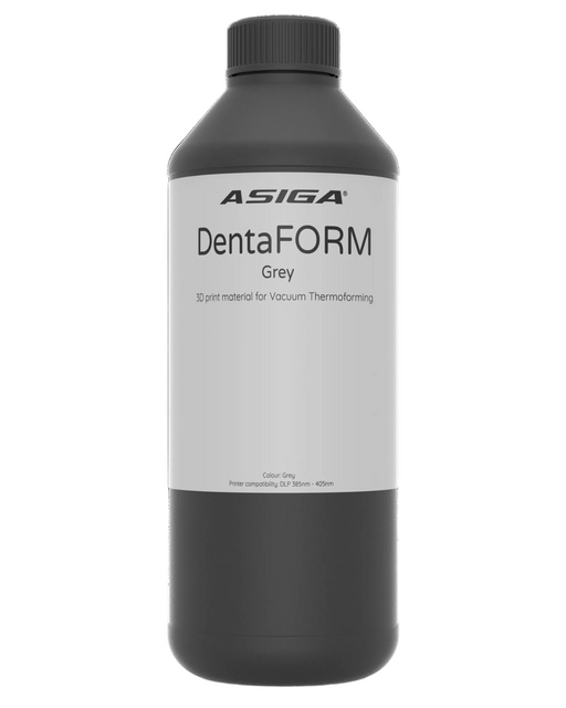 A front view of Asiga DentaFORM Gray in a black bottle with a ribbed cap against a white background, with a label that says 3D print material for Vacuum Thermoforming