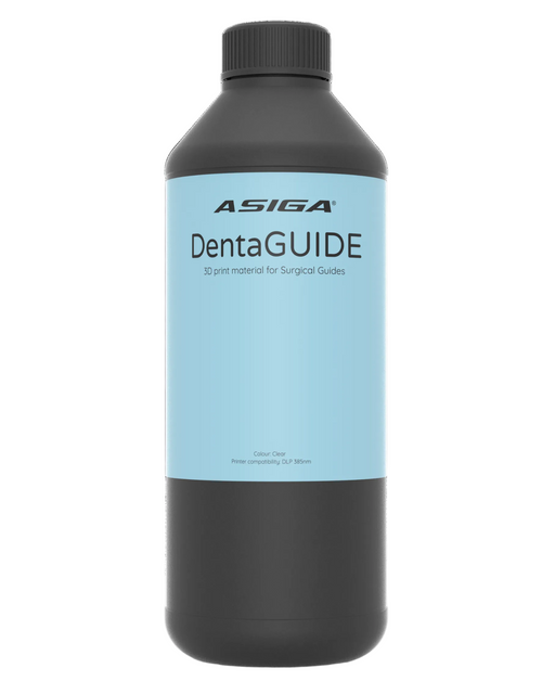 A front view of Asiga DentaGUIDE in a black bottle with a ribbed cap against a white background, with a label that says 3D print material for Surgical Guides