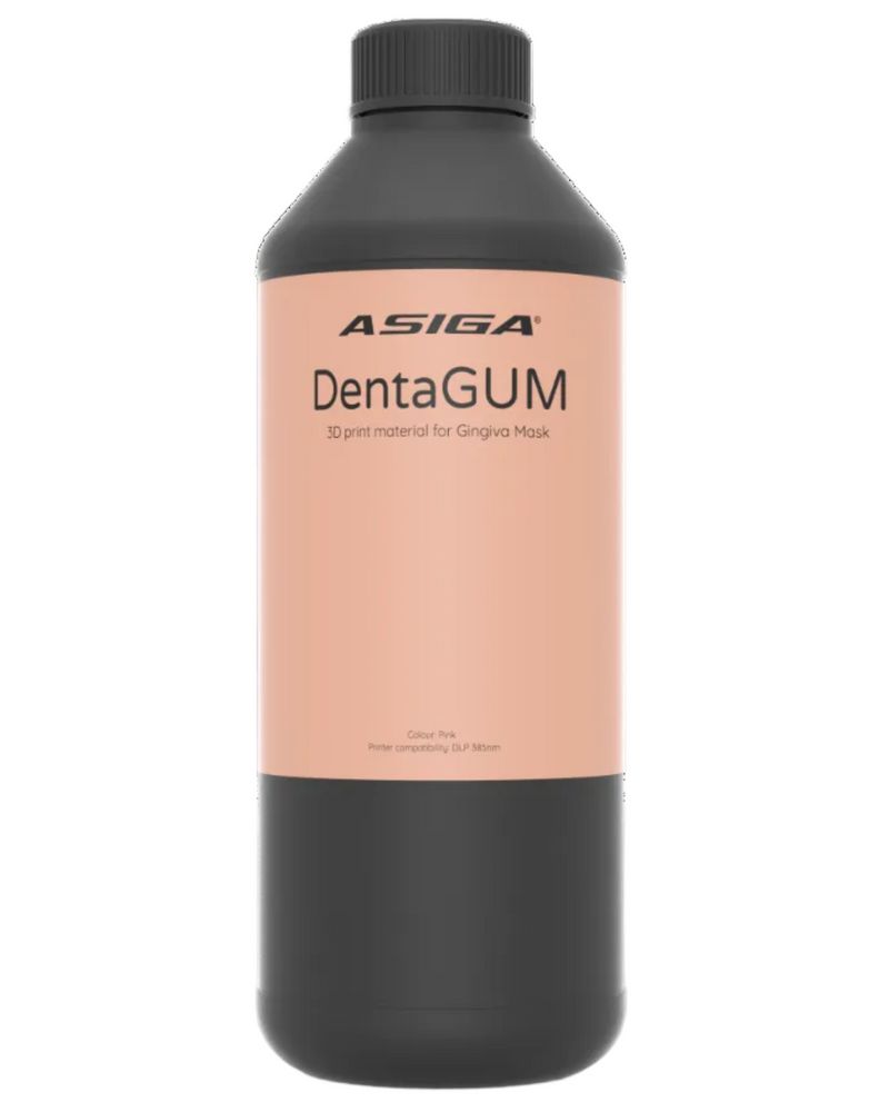 A front view of Asiga DentaGUM in a black bottle with a ribbed cap against a white background, with a label that says 3D print material for Gingiva Mask