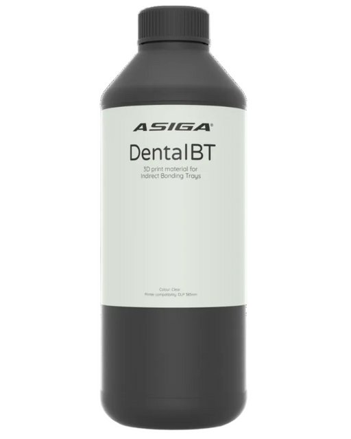 A front view of Asiga DentaBT in a black bottle with a ribbed cap against a white background, with a label that says 3D print material for Indirect Bonding Trays