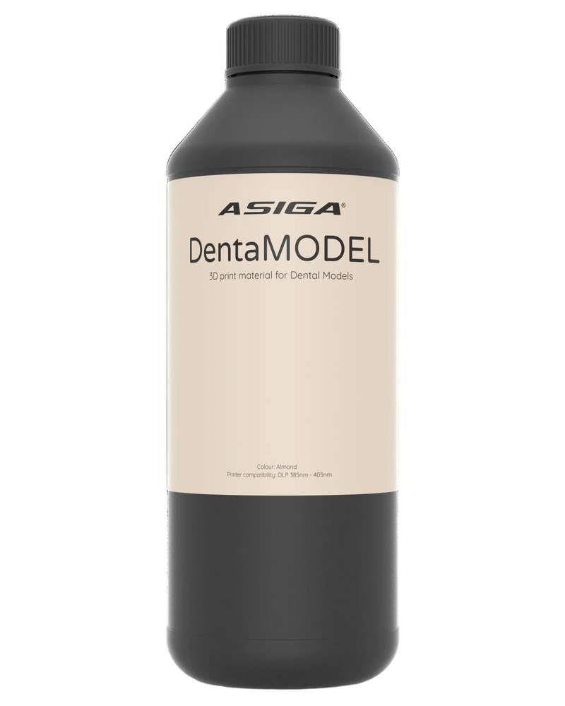 A front view of Asiga DentaMODEL in a black bottle with a ribbed cap against a white background, with a label that says 3D print material for Dental Models
