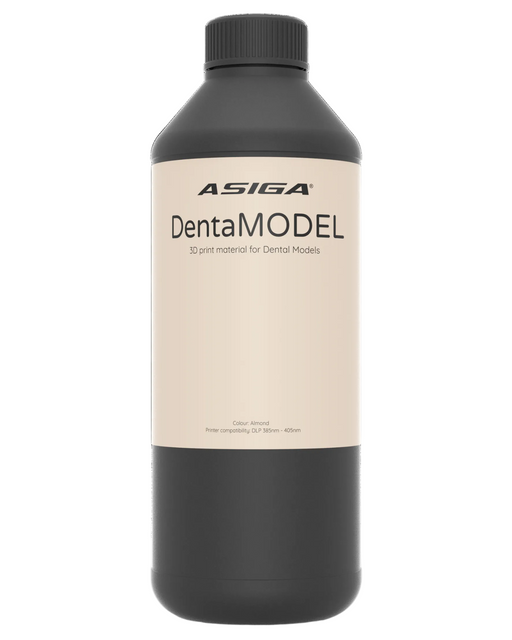 A front view of Asiga DentaMODEL in a black bottle with a ribbed cap against a white background, with a label that says 3D print material for Dental Models