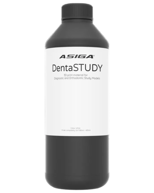 A front view of Asiga DentaSTUDY in a black bottle with a ribbed cap against a white background, with a label that says 3D print material for Diagnostic and Orthodontic Study Models