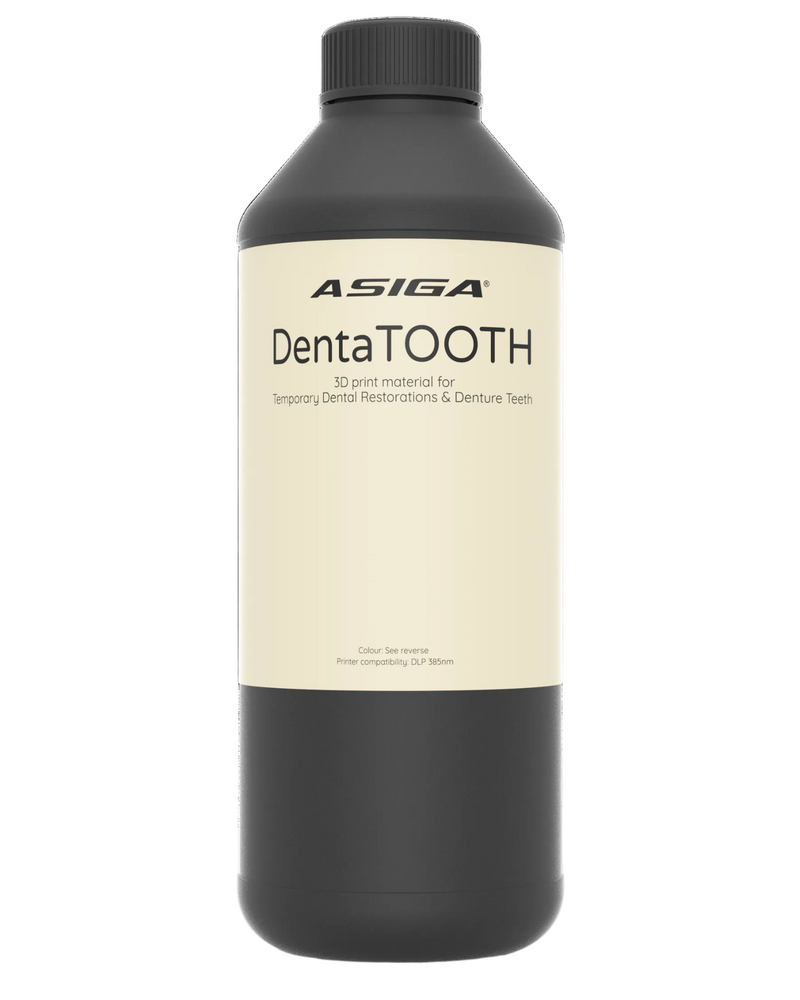 A front view of Asiga DentaTooth in a black bottle with a ribbed cap against a white background, with a label that says 3D print material for Temporary Dental Restorations & Denture Teeth