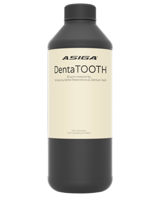 A front view of Asiga DentaTooth in a black bottle with a ribbed cap against a white background, with a label that says 3D print material for Temporary Dental Restorations & Denture Teeth
