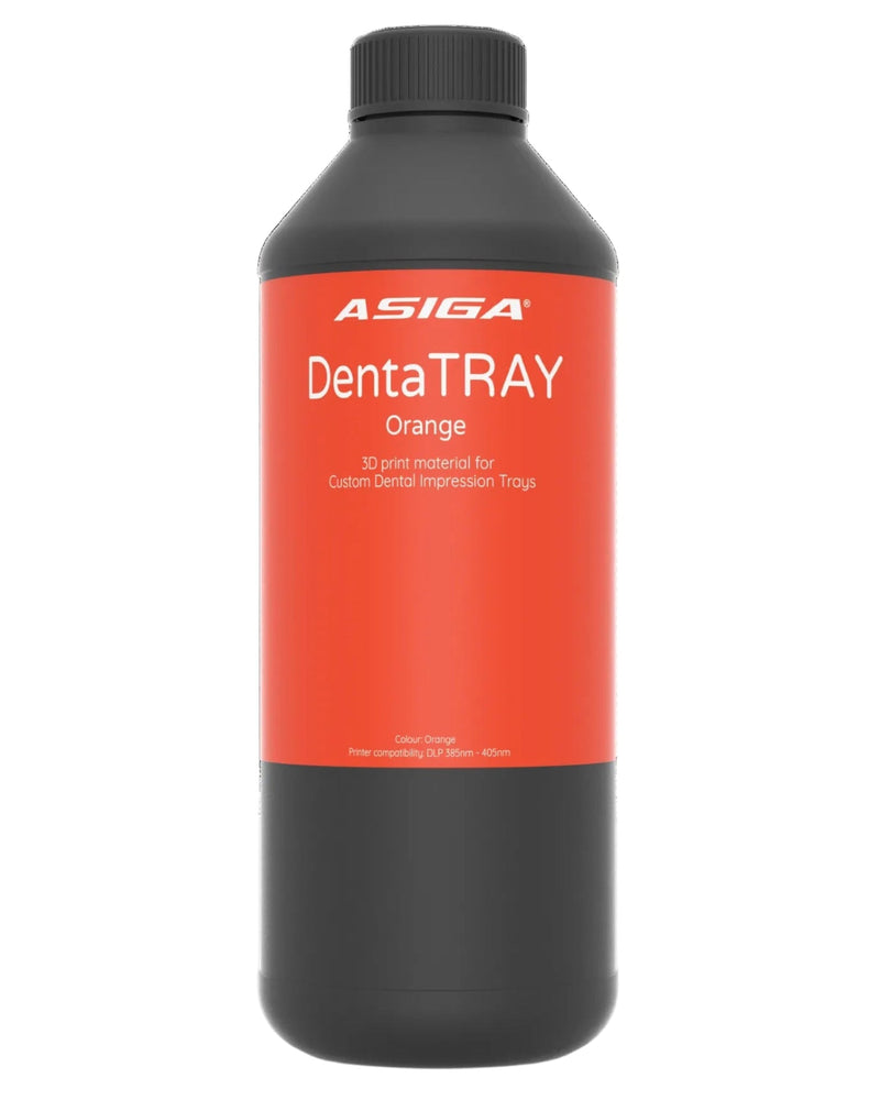 A front view of Asiga DentaTRAY in a black bottle with a ribbed cap against a white background, with a label that says 3D print material for Custom Dental Impression Trays.