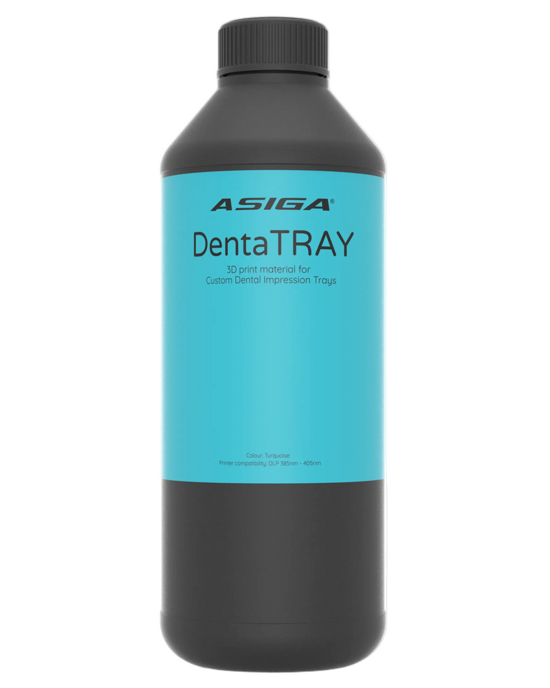 A front view of Asiga DentaTRAY in a black bottle with a ribbed cap against a white background, with a label that says 3D print material for Custom Dental Impression Trays