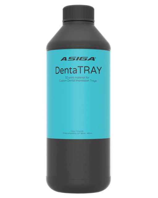 A front view of Asiga DentaTRAY in a black bottle with a ribbed cap against a white background, with a label that says 3D print material for Custom Dental Impression Trays
