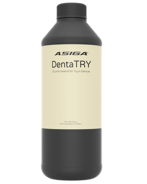 A front view of Asiga DentaTRY in a black bottle with a ribbed cap against a white background, with a label that says 3D print material for Custom Dental Impression Trays