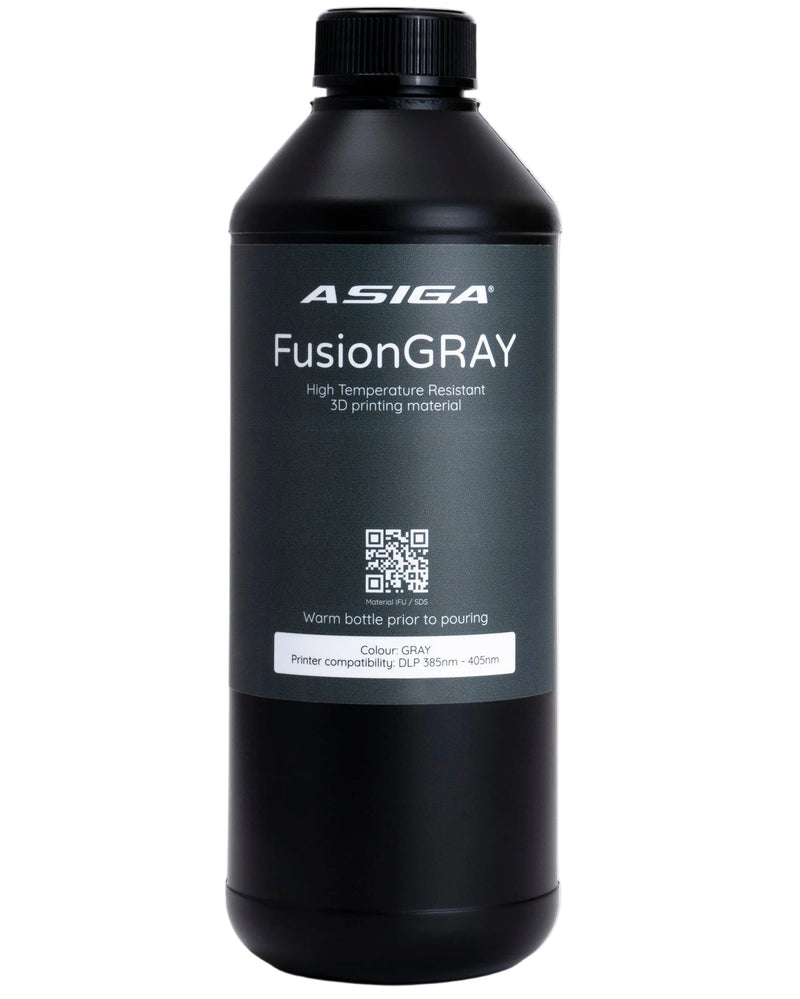 A front view of Asiga FusionGRAY in a black bottle with a ribbed cap against a white background, with a label that says  High Temperature Resistant 3D printing material