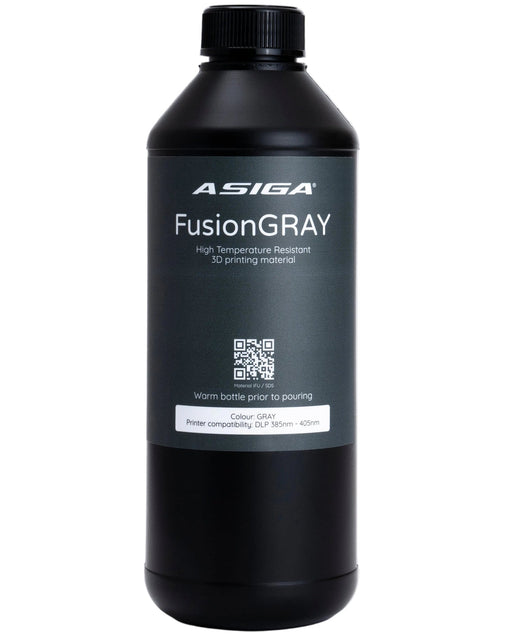 A front view of Asiga FusionGRAY in a black bottle with a ribbed cap against a white background, with a label that says  High Temperature Resistant 3D printing material