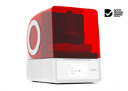An offset left front view of the Asiga Max 2 3D printer featuring a translucent red top chamber and a white lower control panel featuring a touchscreen interface, shown on a solid white background with a Good Design Award 2024 badge in the top right corner.