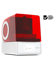 An offset left front view of the Asiga Max 2 3D printer featuring a translucent red top chamber and a white lower control panel featuring a touchscreen interface, shown on a solid white background with a Good Design Award 2024 badge in the top right corner.