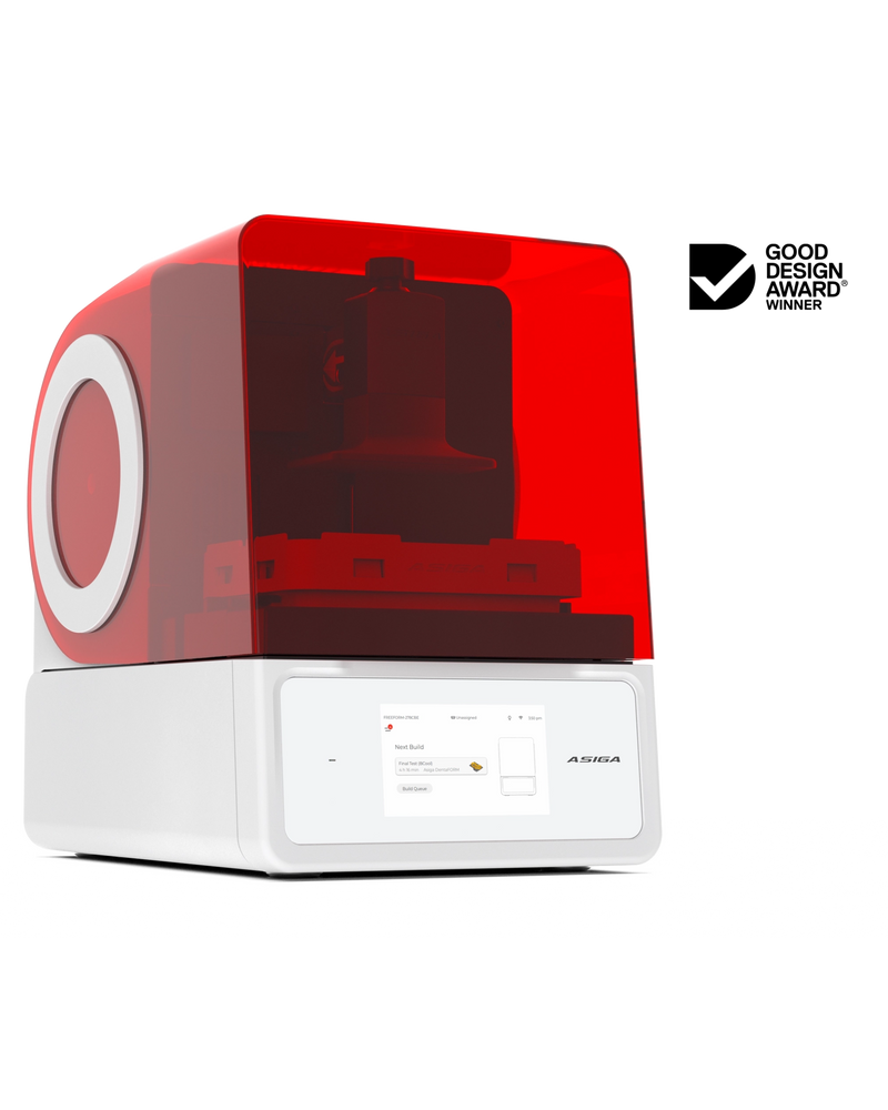 An offset left front view of the Asiga Max 2 3D printer featuring a translucent red top chamber and a white lower control panel featuring a touchscreen interface, shown on a solid white background with a Good Design Award 2024 badge in the top right corner.