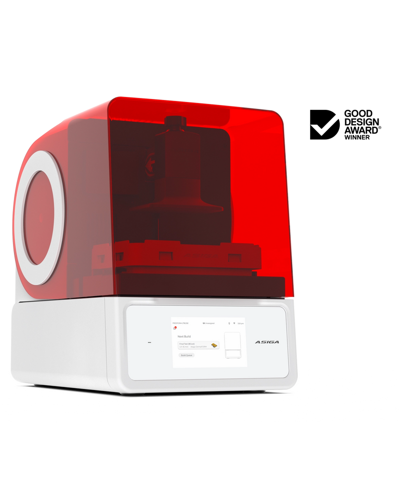 An offset left front view of the Asiga Max 2 3D printer featuring a translucent red top chamber and a white lower control panel featuring a touchscreen interface, shown on a solid white background with a Good Design Award 2024 badge in the top right corner.