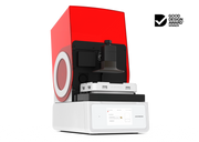 An offset right front view of the Asiga Max 2 3D printer featuring a translucent red top hood, open showing the build plate and material tray view, and a white lower control panel featuring a touchscreen interface, shown on a solid white background with a Good Design Award 2024 badge in the top right corner.