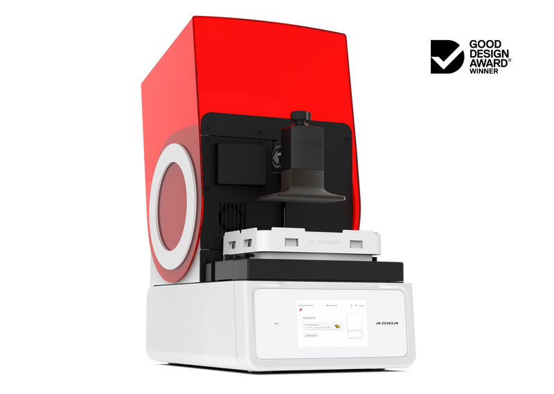 An offset right front view of the Asiga Max 2 3D printer featuring a translucent red top hood, open showing the build plate and material tray view, and a white lower control panel featuring a touchscreen interface, shown on a solid white background with a Good Design Award 2024 badge in the top right corner.