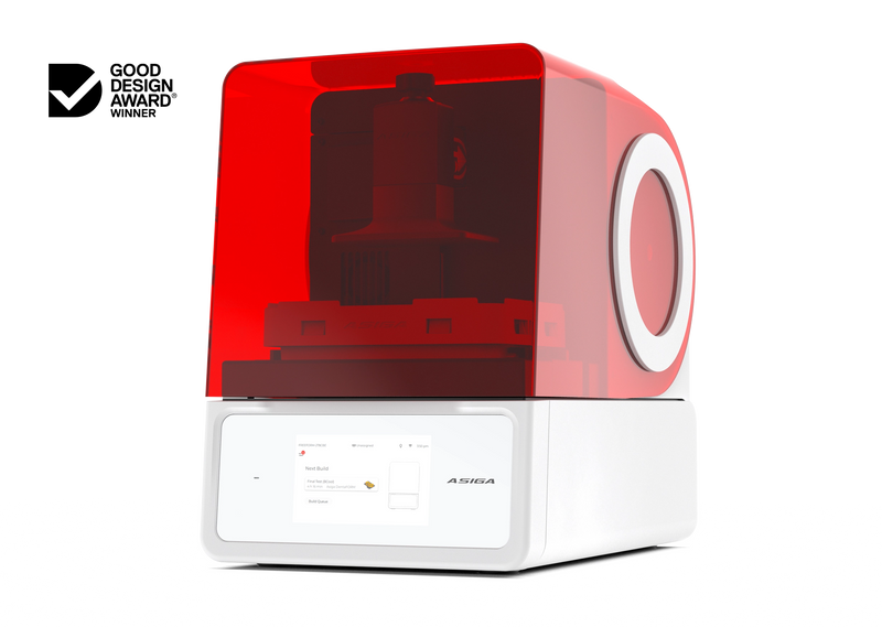 An offset right front view of the Asiga Max 2 3D printer featuring a translucent red top hood, closed, and a white lower control panel featuring a touchscreen interface, shown on a solid white background with a Good Design Award 2024 badge in the top right corner.