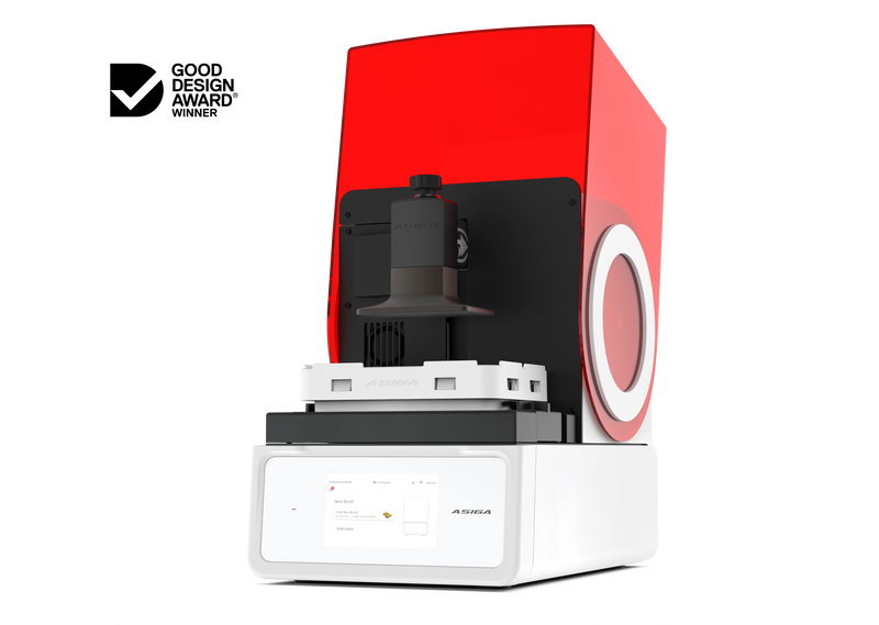 An offset right front view of the Asiga Max 2 3D printer featuring a translucent red top hood, open showing the build plate and material tray view, and a white lower control panel featuring a touchscreen interface, shown on a solid white background with a Good Design Award 2024 badge in the top right corner.