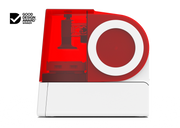 A right side view of the Asiga Max 2 3D printer featuring a fully closed translucent red top hood, showing the build plate and material tray view, shown on a solid white background with a Good Design Award 2024 badge in the top right corner.
