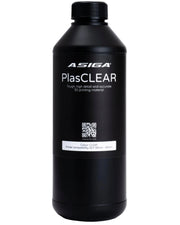 A front view of Asiga PlasCLEAR in a black bottle with a ribbed cap against a white background, with a label that says 3D print material