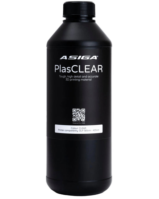 A front view of Asiga PlasCLEAR in a black bottle with a ribbed cap against a white background, with a label that says 3D print material
