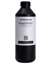 A front view of Asiga PlasGRAY in a black bottle with a ribbed cap against a white background, with a label that says Tough, high details and accurate 3D printing material.