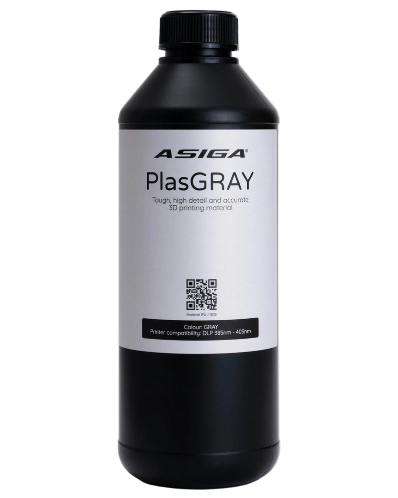A front view of Asiga PlasGRAY in a black bottle with a ribbed cap against a white background, with a label that says Tough, high details and accurate 3D printing material.
