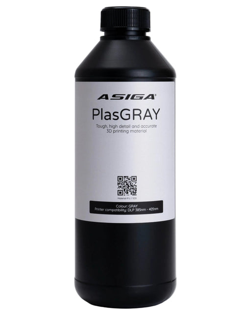 A front view of Asiga PlasGRAY in a black bottle with a ribbed cap against a white background, with a label that says Tough, high details and accurate 3D printing material.