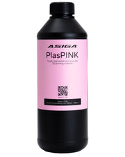 A front view of Asiga PlasPINK in a black bottle with a ribbed cap against a white background, with a label that says Tough, high details and accurate 3D printing material.