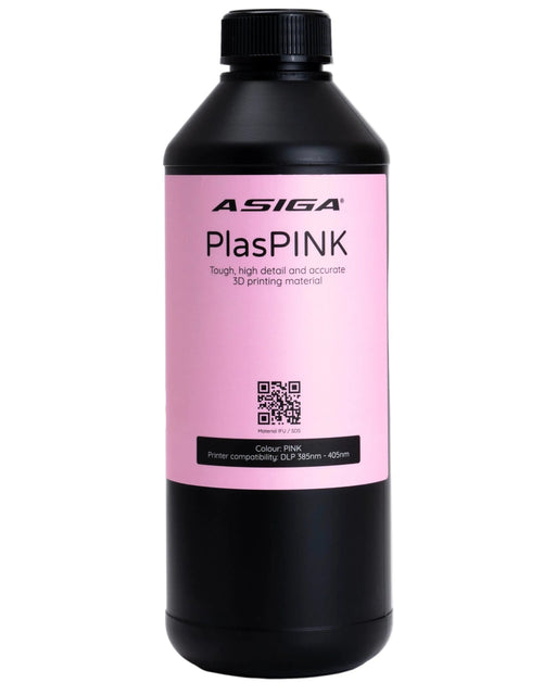 A front view of Asiga PlasPINK in a black bottle with a ribbed cap against a white background, with a label that says Tough, high details and accurate 3D printing material.