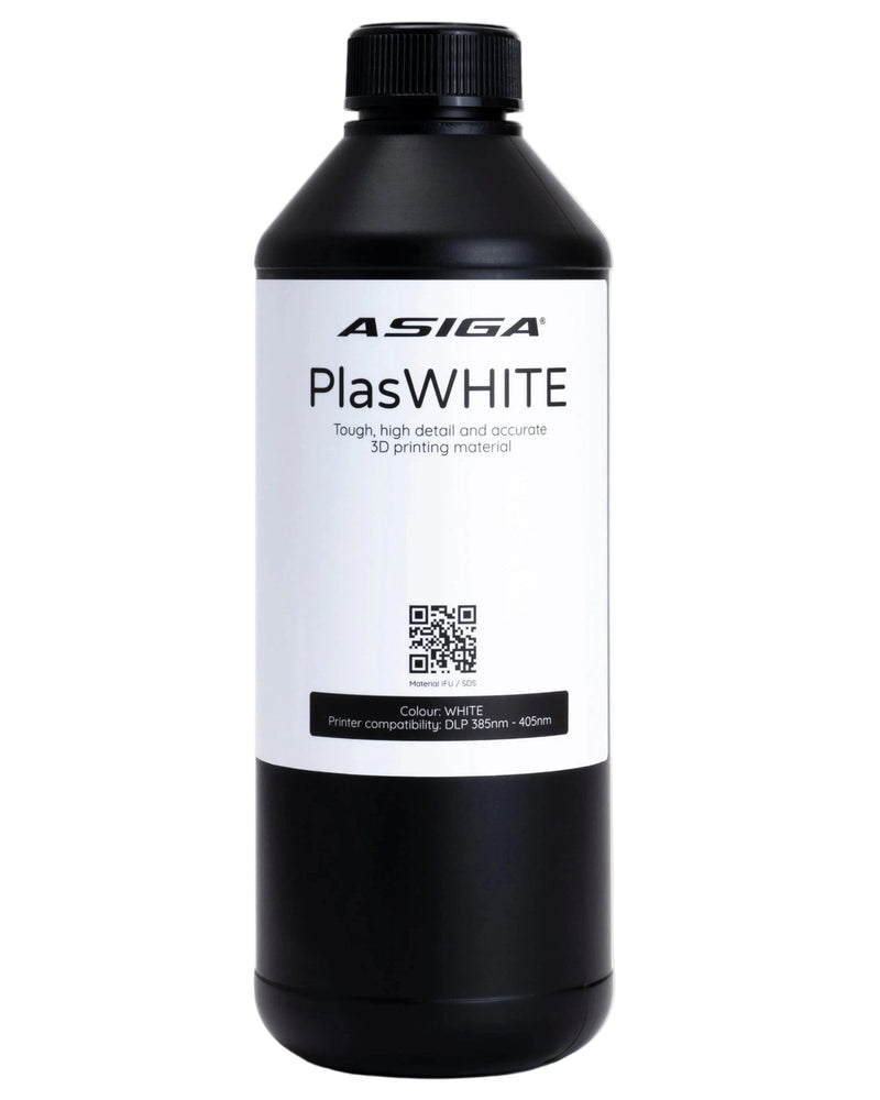 A front view of Asiga PlasWHITE in a black bottle with a ribbed cap against a white background, with a label that says Tough, high details and accurate 3D printing material.