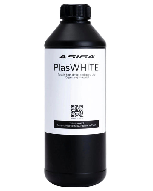 A front view of Asiga PlasWHITE in a black bottle with a ribbed cap against a white background, with a label that says Tough, high details and accurate 3D printing material.