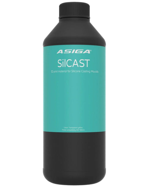 A front view of Asiga SilCAST in a black bottle with a ribbed cap against a white background, with a label that says 3D print material for Silicone Casting Molds