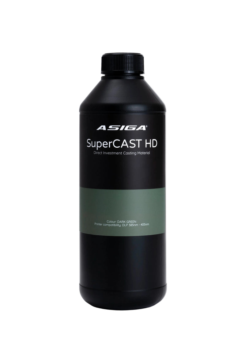 A front view of Asiga SuperCast HD direct investment casting material 3D printer resin in a black bottle with a ribbed cap, featuring the Asiga logo, lined with a black label, with a hunter green contrast area with the words Colour: DARK GREEN, Printer compatibility: DLP 385nm - 405nm