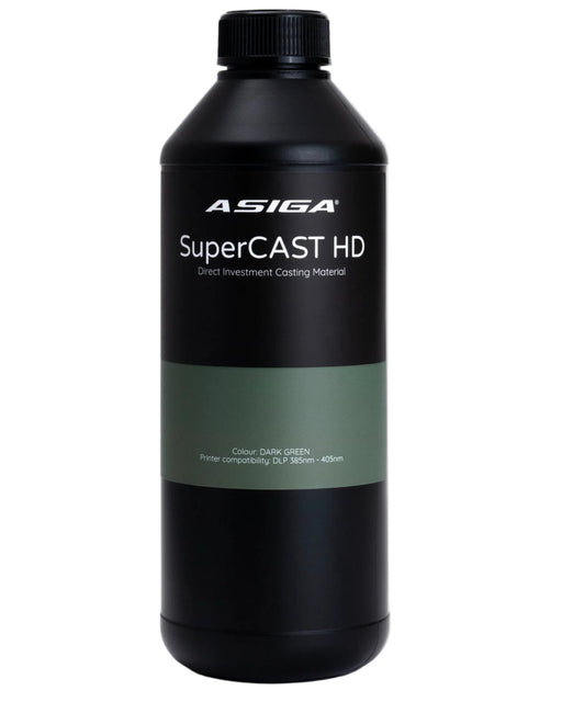 A front view of Asiga SuperCast HD direct investment casting material 3D printer resin in a black bottle with a ribbed cap, featuring the Asiga logo, lined with a black label, with a hunter green contrast area with the words Colour: DARK GREEN, Printer compatibility: DLP 385nm - 405nm