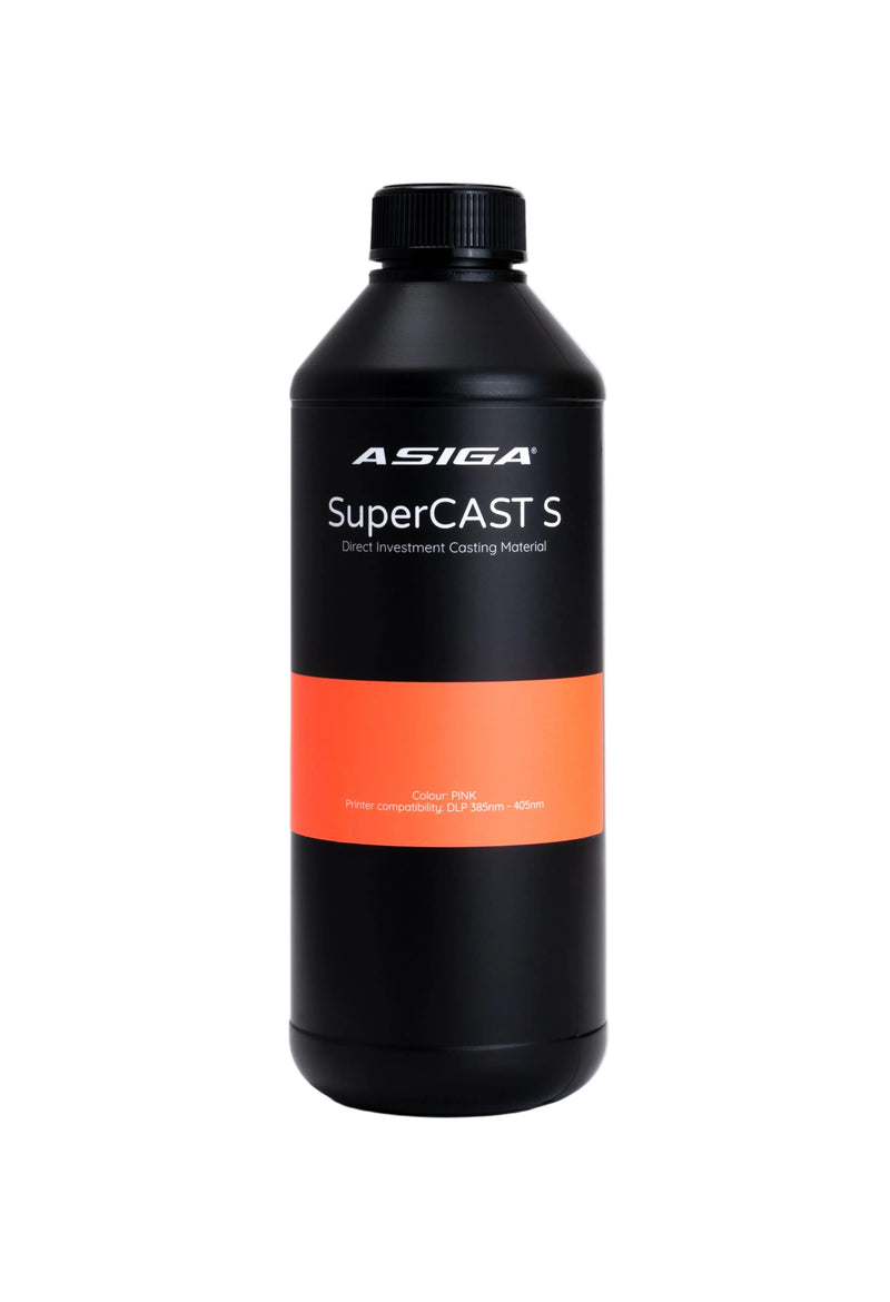 A front view of Asiga SuperCast S direct investment casting material 3D printer resin in a black bottle with a ribbed cap, featuring the Asiga logo, lined with a black label, with an pink contrast area with the words Colour: Pink, Printer compatibility: DLP 385nm - 405nm