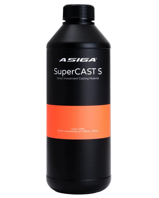 A front view of Asiga SuperCast S direct investment casting material 3D printer resin in a black bottle with a ribbed cap, featuring the Asiga logo, lined with a black label, with an pink contrast area with the words Colour: Pink, Printer compatibility: DLP 385nm - 405nm