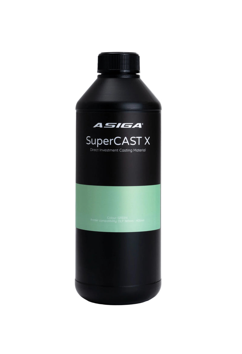 A front view of Asiga SuperCast X direct investment casting material 3D printer resin in a black bottle with a ribbed cap, featuring the Asiga logo, lined with a black label, with a mint green contrast area with the words Colour: Green, Printer compatibility: DLP 385nm - 405nm