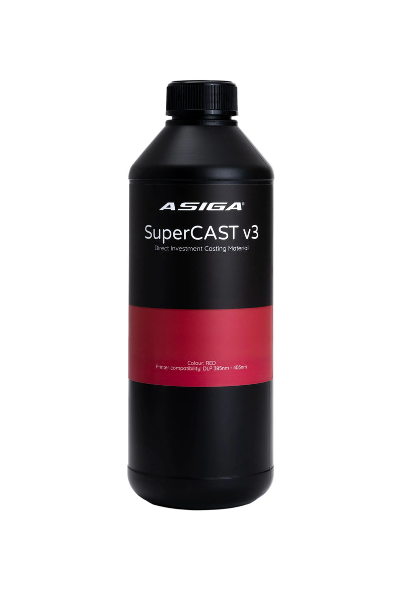 A front view of Asiga SuperCAST v3 direct investment casting material 3D printer resin in a black bottle with a ribbed cap, featuring the Asiga logo, lined with a black label with the words Warm bottle prior to pouring, with a red contrast area with the words Colour: RED, Printer compatibility: DLP 385nm - 405nm