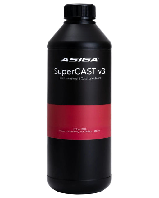A front view of Asiga SuperCAST v3 direct investment casting material 3D printer resin in a black bottle with a ribbed cap, featuring the Asiga logo, lined with a black label with the words Warm bottle prior to pouring, with a red contrast area with the words Colour: RED, Printer compatibility: DLP 385nm - 405nm