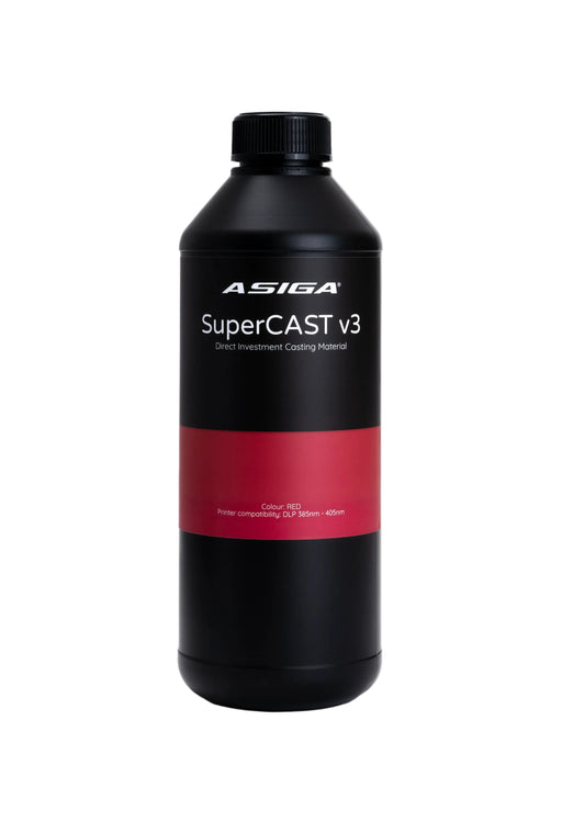 A front view of Asiga SuperCAST v3 direct investment casting material 3D printer resin in a black bottle with a ribbed cap, featuring the Asiga logo, lined with a black label with the words Warm bottle prior to pouring, with a red contrast area with the words Colour: RED, Printer compatibility: DLP 385nm - 405nm