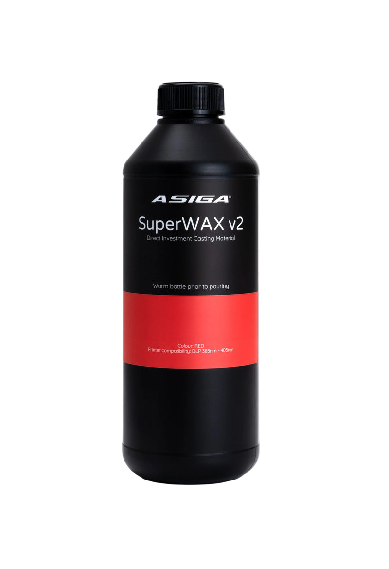 A front view of Asiga SuperWAX v2 direct investment casting material 3D printer resin in a black bottle with a ribbed cap, featuring the Asiga logo, lined with a black label with the words Warm bottle prior to pouring, with a red contrast area with the words Colour: RED, Printer compatibility: DLP 385nm - 405nm