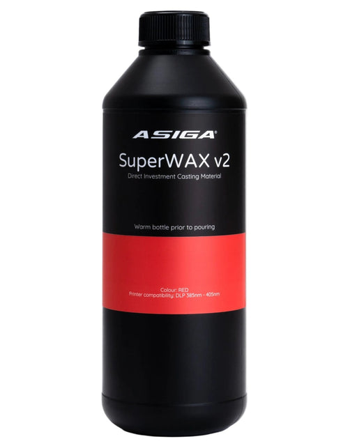 A front view of Asiga SuperWAX v2 direct investment casting material 3D printer resin in a black bottle with a ribbed cap, featuring the Asiga logo, lined with a black label with the words Warm bottle prior to pouring, with a red contrast area with the words Colour: RED, Printer compatibility: DLP 385nm - 405nm